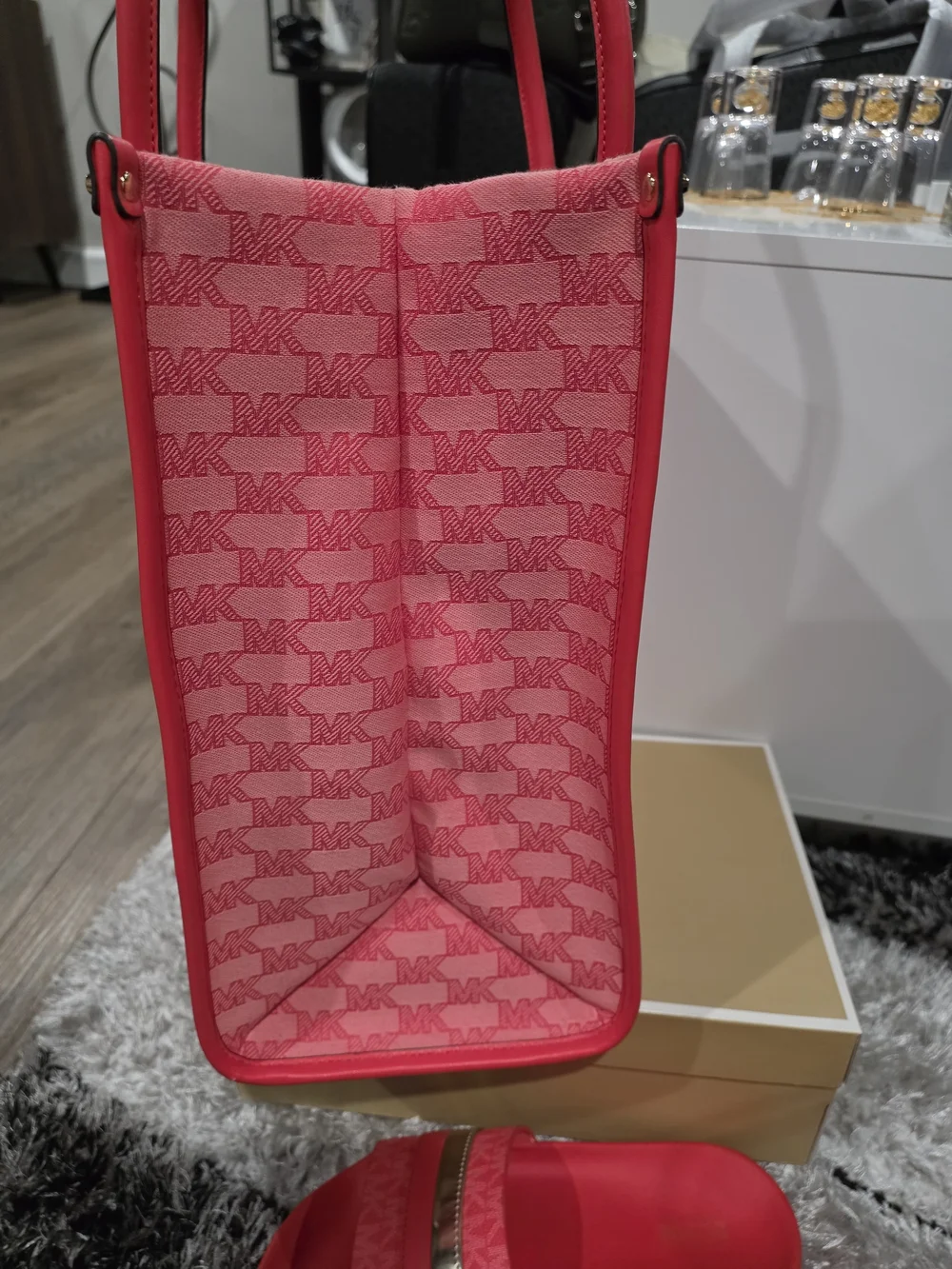 Michael Kors Grapefruit Pink Signature Stripe Tote with Matching Slides